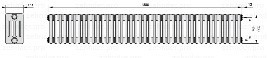 Схема (чертеж) Радиатор Zehnder Charleston 5026/41 №7610 Белый глянцевый RAL 9016
